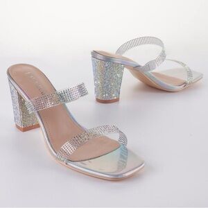 NWT LALA IKAI Women's Square Toe Heels, Sandals, Clear Straps With Rhinestones